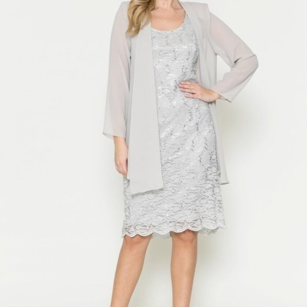 Sally Fashion #8852 Formal Dress With Jacket-Sizes M & L-Silver- New W/Tags